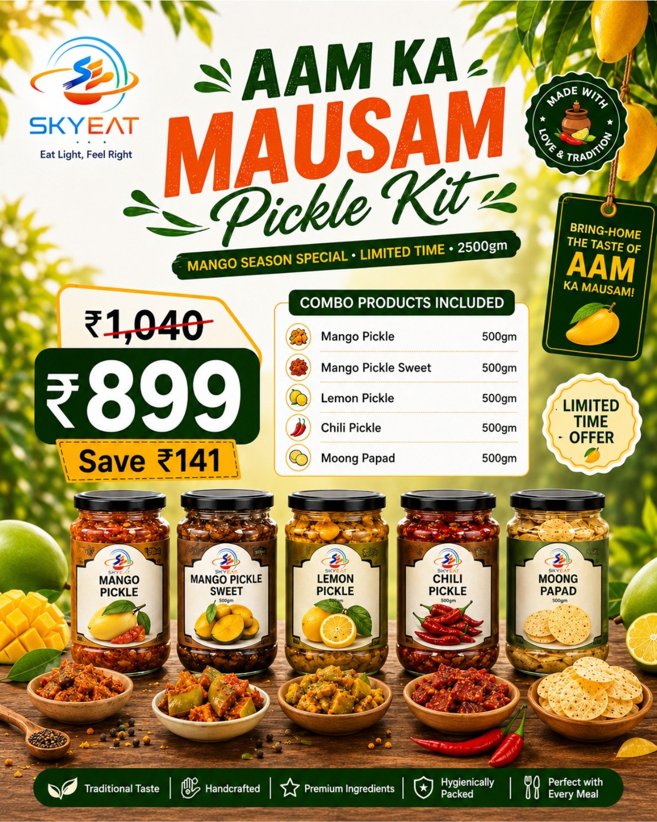 Aam Ka Mausam Pickle Kit (Mango Pickle, Mango Pickle Sweet, Lemon Pickle, Chili Pickle, Moong P